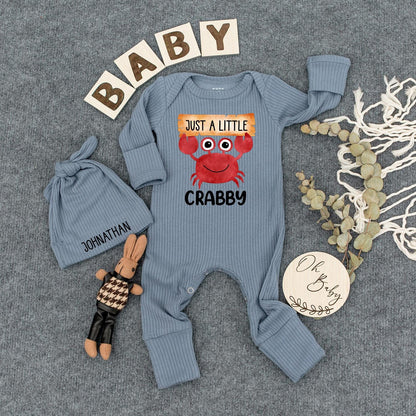 Just a Little Crabby Baby Bodysuit with Hat Funny Crab Newborn Outfit Beach Theme Romper Infant Coming Home Clothes Gift Idea