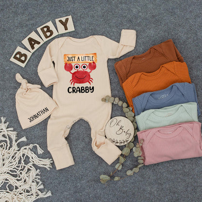 Just a Little Crabby Baby Bodysuit with Hat Funny Crab Newborn Outfit Beach Theme Romper Infant Coming Home Clothes Gift Idea