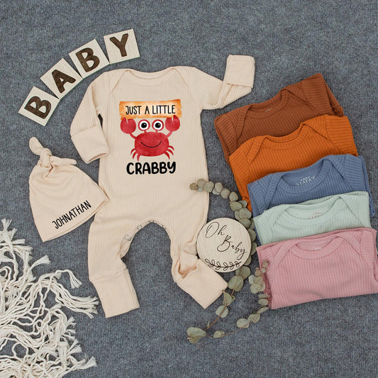 Just a Little Crabby Baby Bodysuit with Hat Funny Crab Newborn Outfit Beach Theme Romper Infant Coming Home Clothes Gift Idea