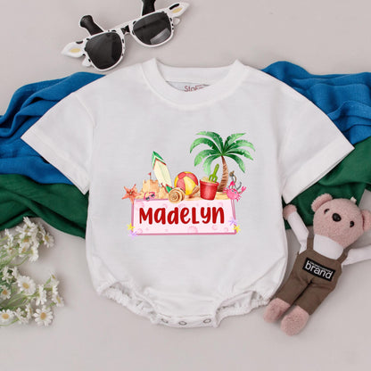Madelyn's Beach Fun Personalized Romper Custom Name Summer Baby Bodysuit Palm Tree Sandcastle Cute Seaside Outfit