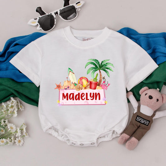 Madelyn's Beach Fun Personalized Romper Custom Name Summer Baby Bodysuit Palm Tree Sandcastle Cute Seaside Outfit