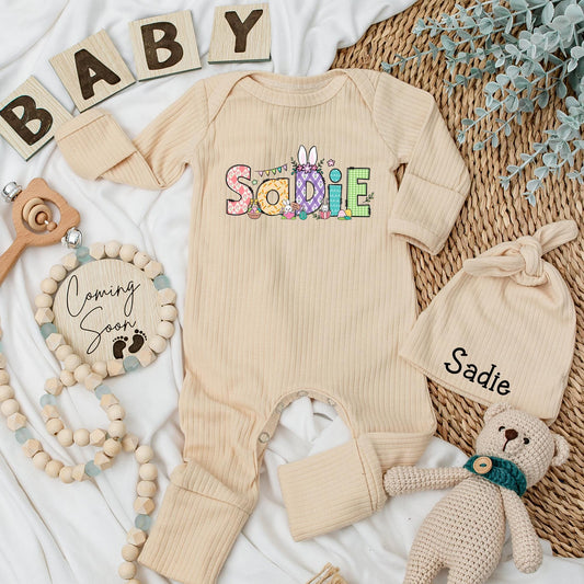 Custom Name Easter Bodysuit for Baby Girl Whimsical Pastel Bunny Egg Floral Design Newborn Christian Holiday Celebration Outfit Soft Comfortable