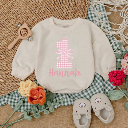 Pink Bow First Birthday Romper Baby Girl Outfit Checkered Bodysuit Girly Party Gift Custom 1st Birthday Clothes