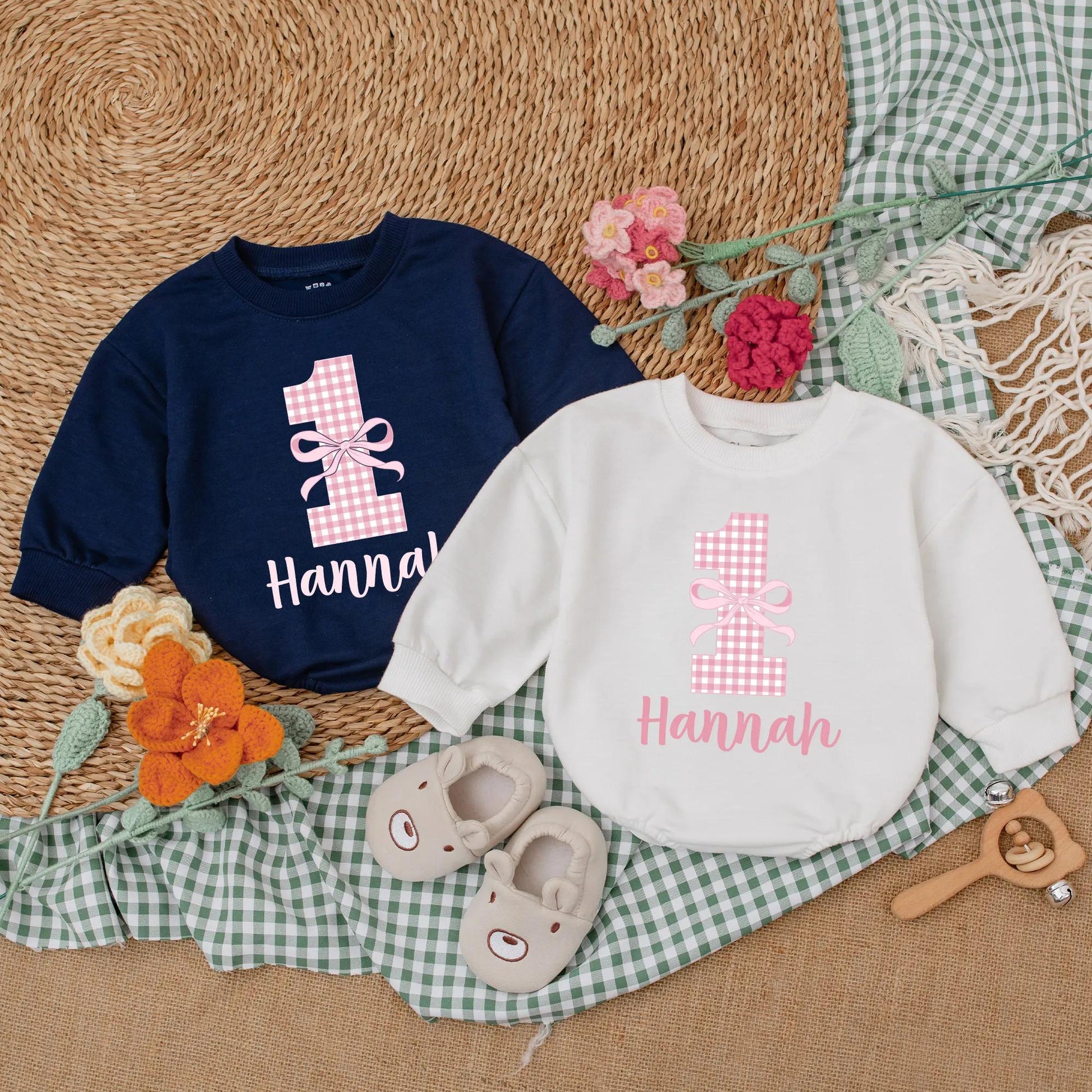 Pink Bow First Birthday Romper Baby Girl Outfit Checkered Bodysuit Girly Party Gift Custom 1st Birthday Clothes