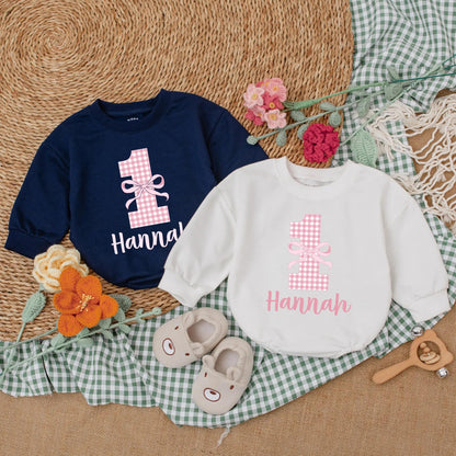 Pink Bow First Birthday Romper Baby Girl Outfit Checkered Bodysuit Girly Party Gift Custom 1st Birthday Clothes