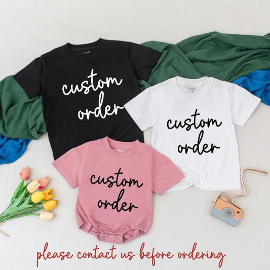 Custom Order Baby Bodysuit & Matching Family T-Shirts, Personalized Birthday Outfit, Cute Infant Romper, Unique Pregnancy Announcement Gift Set (Dark Text)