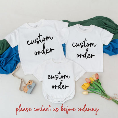 Custom Order Baby Bodysuit & Matching Family T-Shirts, Personalized Birthday Outfit, Cute Infant Romper, Unique Pregnancy Announcement Gift Set (Dark Text)