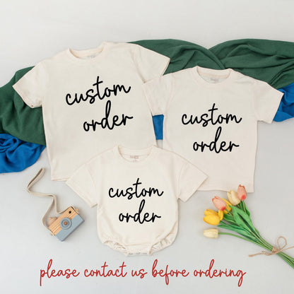 Custom Order Baby Bodysuit & Matching Family T-Shirts, Personalized Birthday Outfit, Cute Infant Romper, Unique Pregnancy Announcement Gift Set (Dark Text)