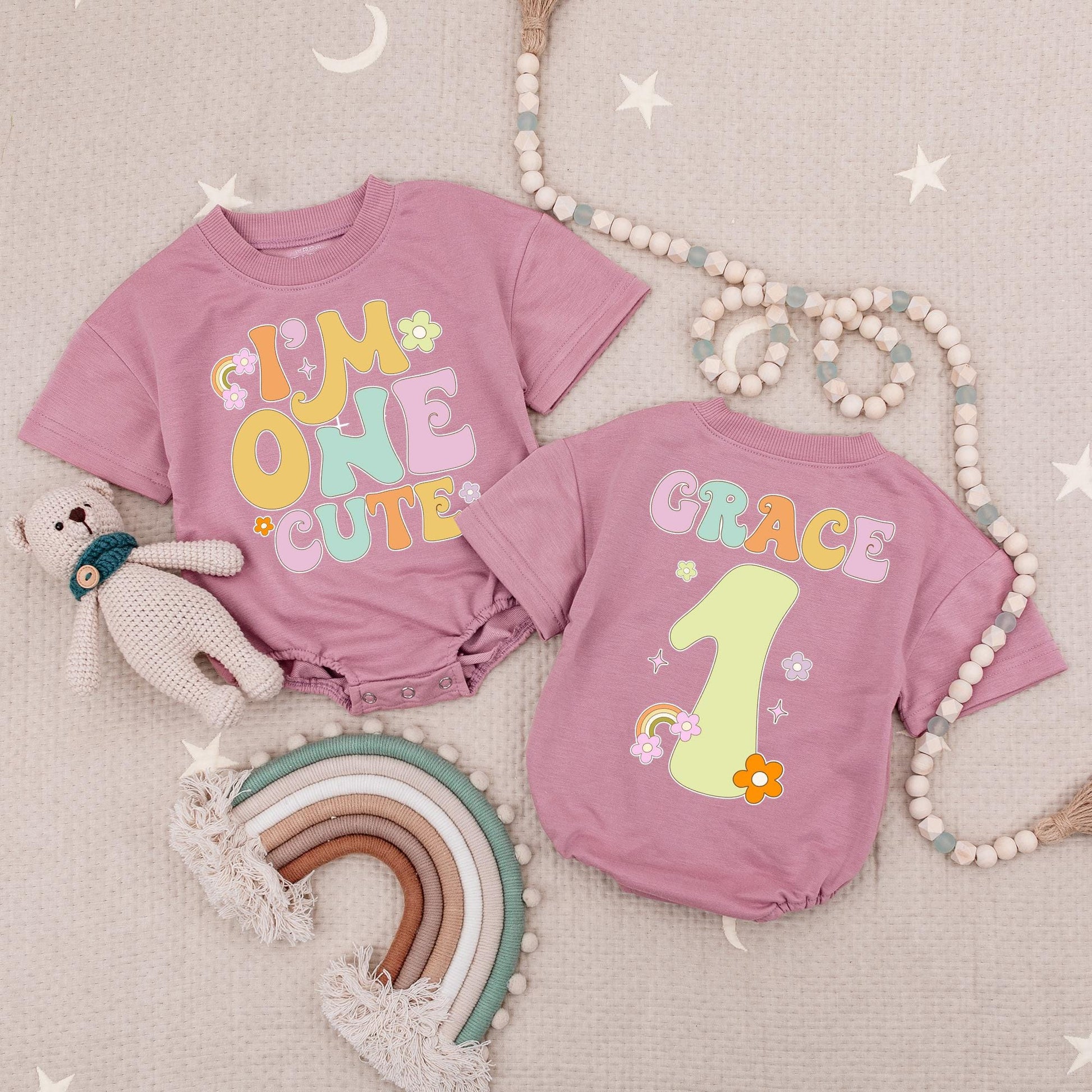 Groovy 1st Birthday Girl Romper I'm One Cute Retro Outfit Baby Babysuit One Year Old First Birthday Party Clothes, Rainbows & Flowers