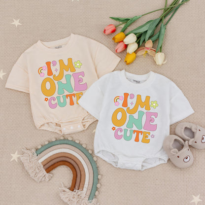Groovy 1st Birthday Girl Romper I'm One Cute Retro Outfit Baby Babysuit One Year Old First Birthday Party Clothes, Rainbows & Flowers