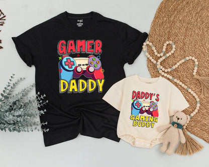 Gamer Daddy & Baby Matching Shirt Father Son Gaming Outfit Daddy’s Gaming Buddy Bubble Romper for New Dad Father’s Day Gift