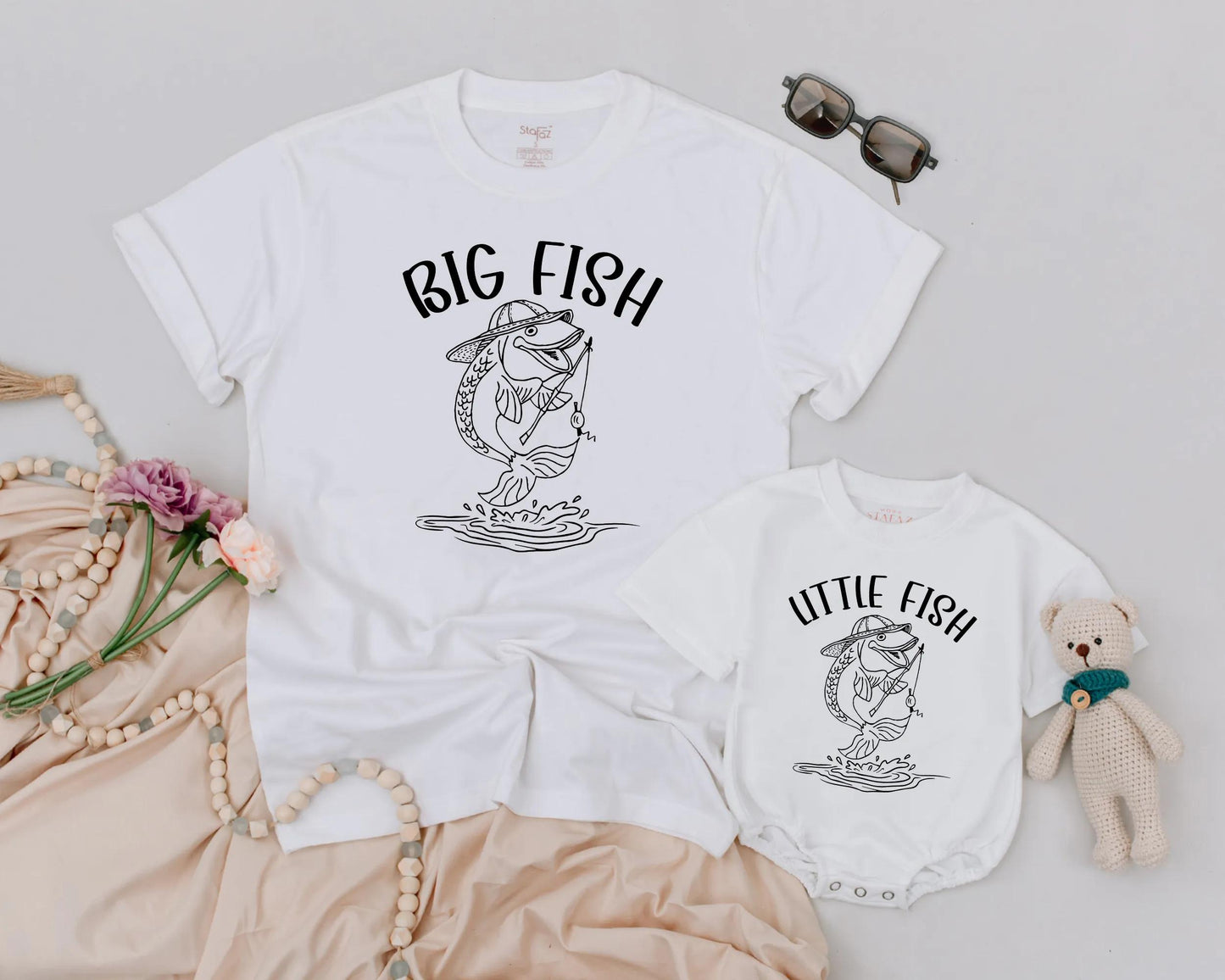 Daddy and Me Big Fish Little Fish Matching Fishing Shirt and Baby Romper Outfit Playful Father Son Line Art Design Father's Day Gift Idea