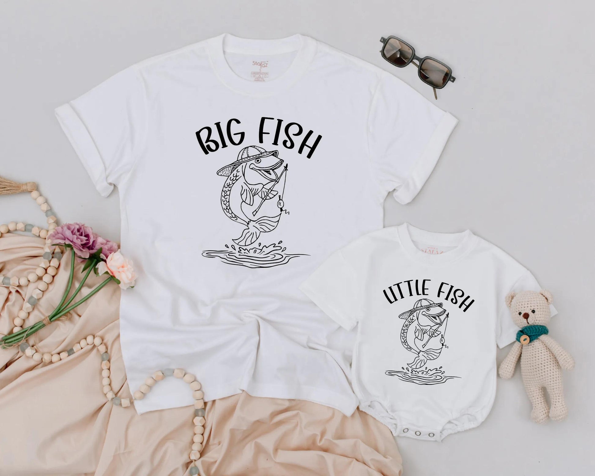 Daddy and Me Big Fish Little Fish Matching Fishing Shirt and Baby Romper Outfit Playful Father Son Line Art Design Father's Day Gift Idea