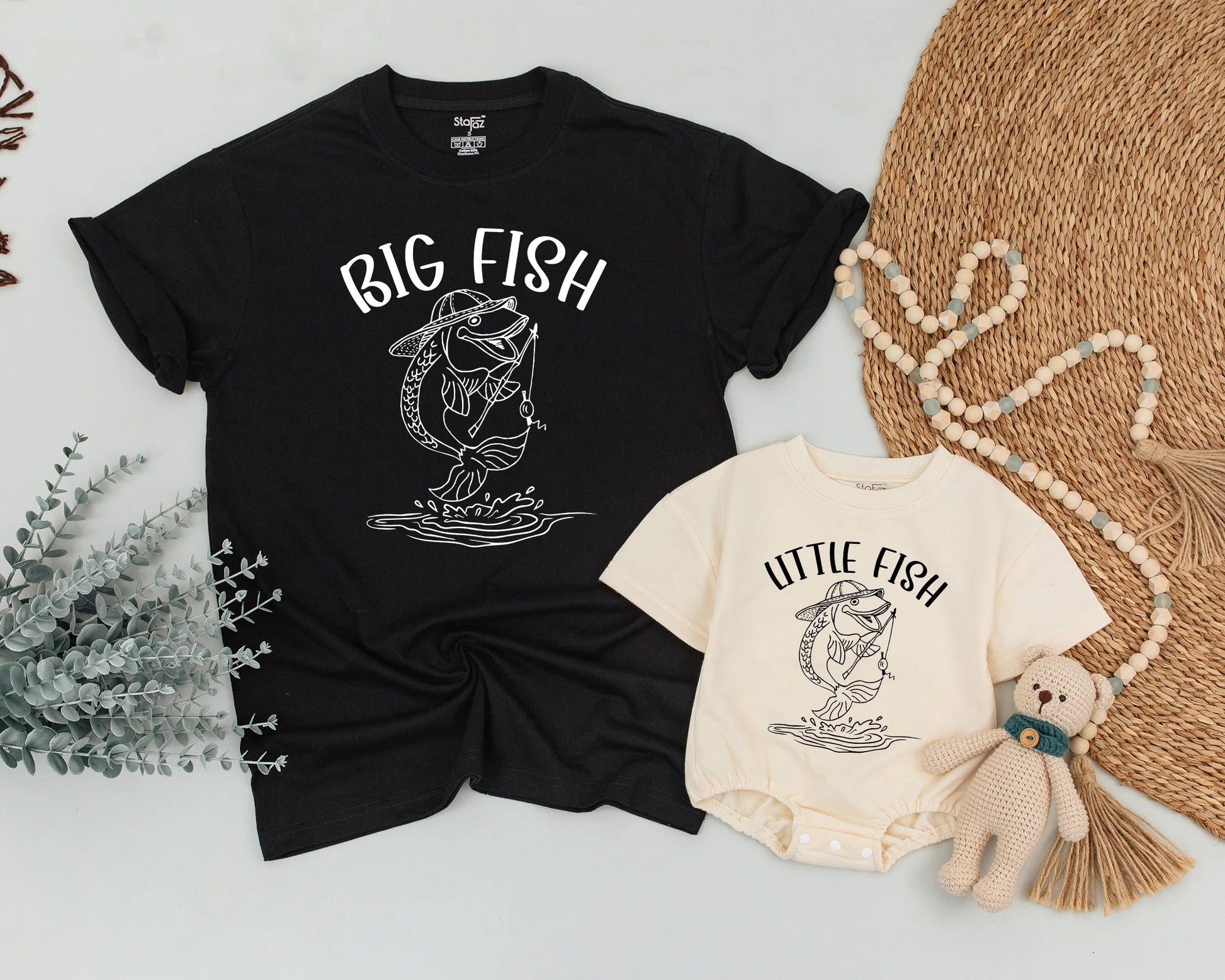 Daddy and Me Big Fish Little Fish Matching Fishing Shirt and Baby Romper Outfit Playful Father Son Line Art Design Father's Day Gift Idea