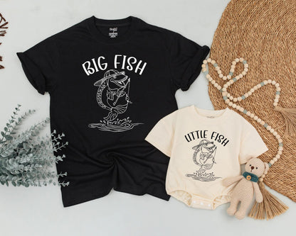 Daddy and Me Big Fish Little Fish Matching Fishing Shirt and Baby Romper Outfit Playful Father Son Line Art Design Father's Day Gift Idea