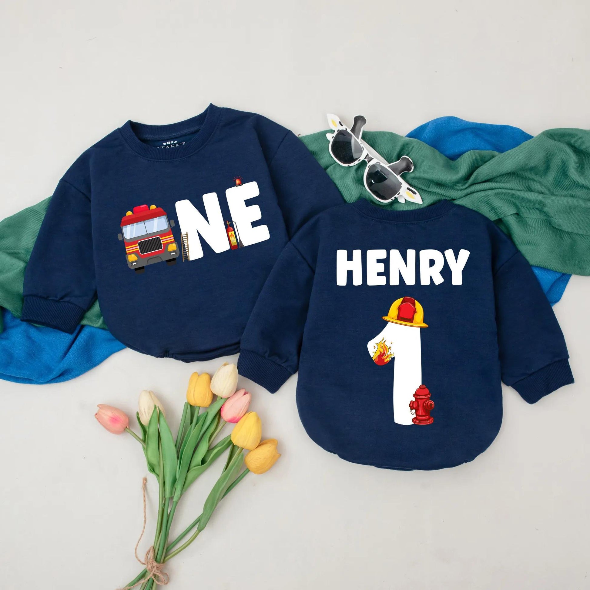 Custom Firetruck First Birthday Romper for Baby Boy Firefighter Outfit Personalized First Birthday Party Gift Smash Cake Outfit