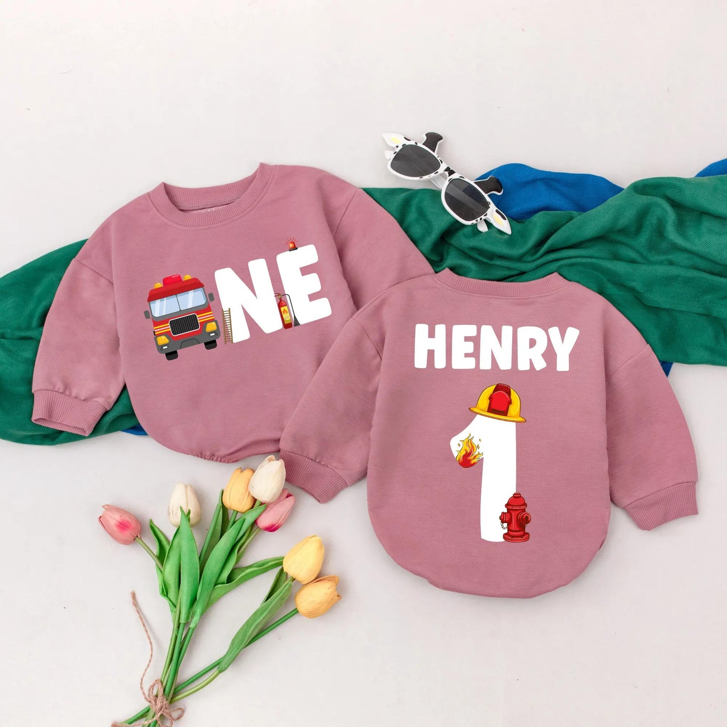 Custom Firetruck First Birthday Romper for Baby Boy Firefighter Outfit Personalized First Birthday Party Gift Smash Cake Outfit