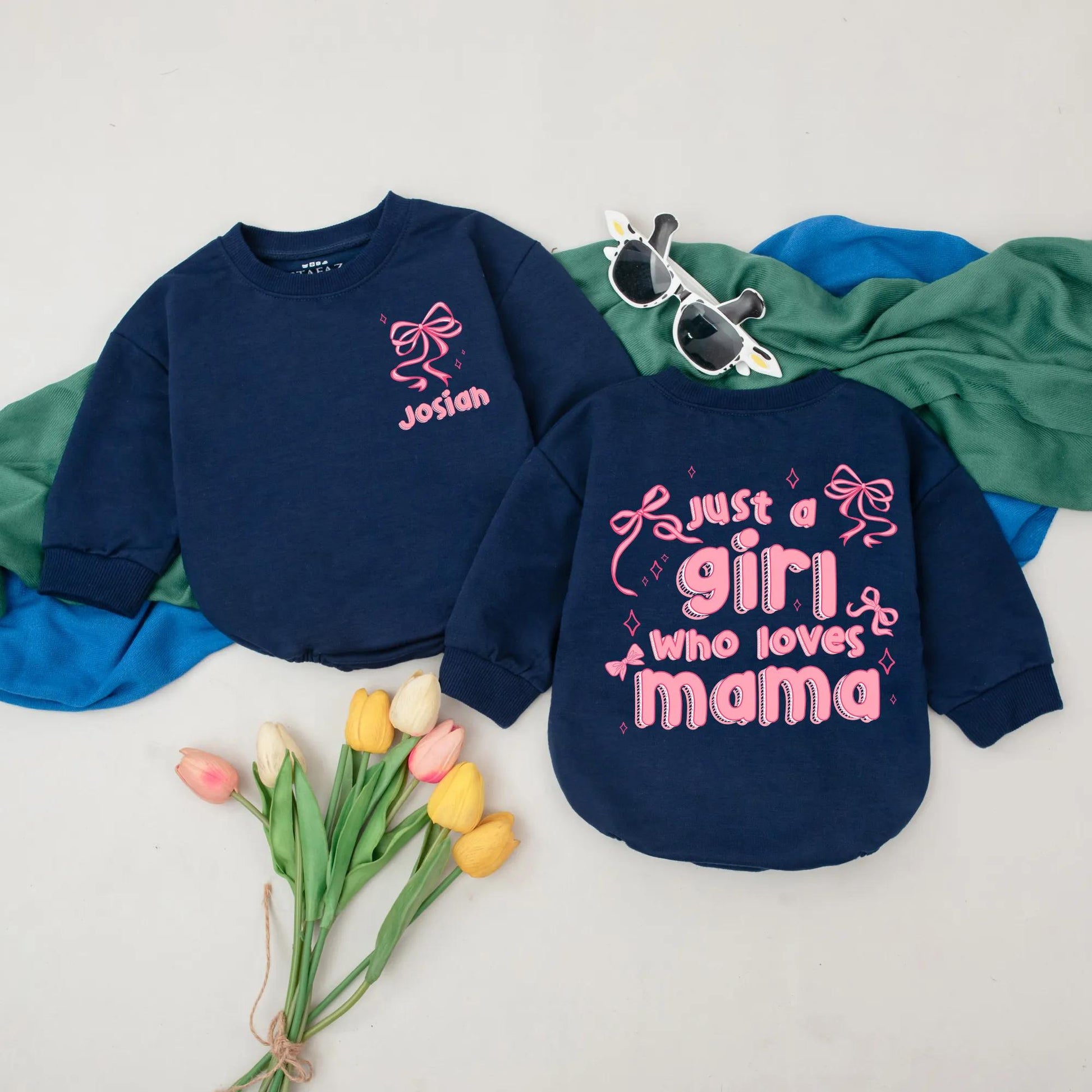 Personalized Just a Girl Who Loves Mama Romper Pink Bow Mommy's Girl Outfit First Mother's Day Gift