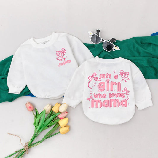 Personalized Just a Girl Who Loves Mama Romper Pink Bow Mommy's Girl Outfit First Mother's Day Gift