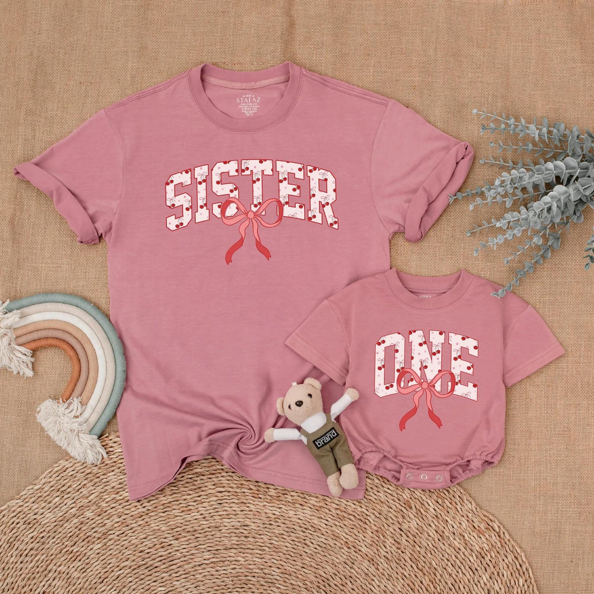 Cherry First Birthday Matching Shirt Set Mommy and Me Outfit Adorable Bow First Birthday Gift for Baby Girl