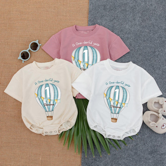 Hot Air Balloon Bubble Romper Neutral First Birthday Outfit Boy Onederful Year Celebration Clothes