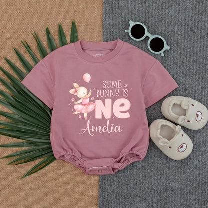 Some Bunny is One Bubble Romper for Baby Girl's First Birthday, Neutral Bunny Outfit, Smash Cake Party Clothes, Shower Gift