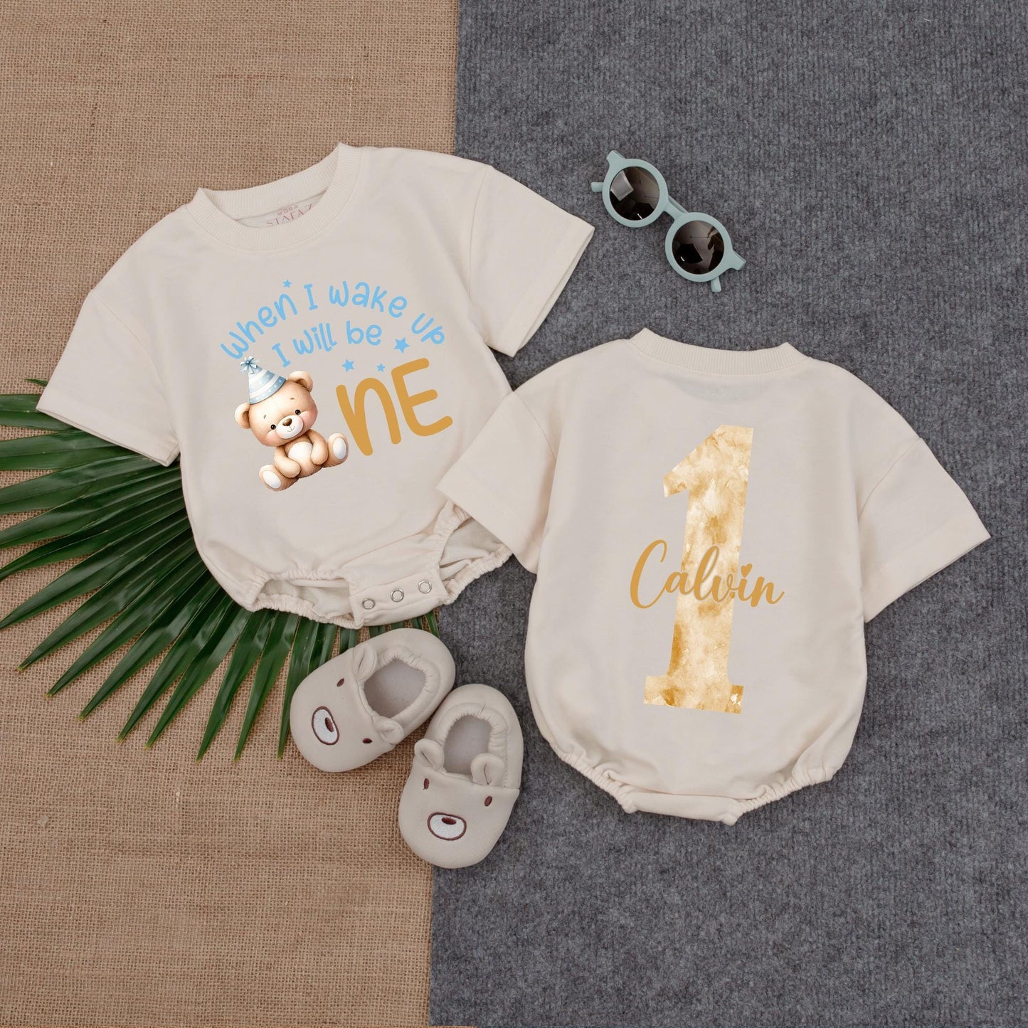 Bear-y First Birthday Bubble Romper for Baby Boy, Neutral Balloon Outfit, Onederful Gift, Custom Name, 1st Birthday Clothes