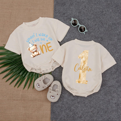 Bear-y First Birthday Bubble Romper for Baby Boy, Neutral Balloon Outfit, Onederful Gift, Custom Name, 1st Birthday Clothes