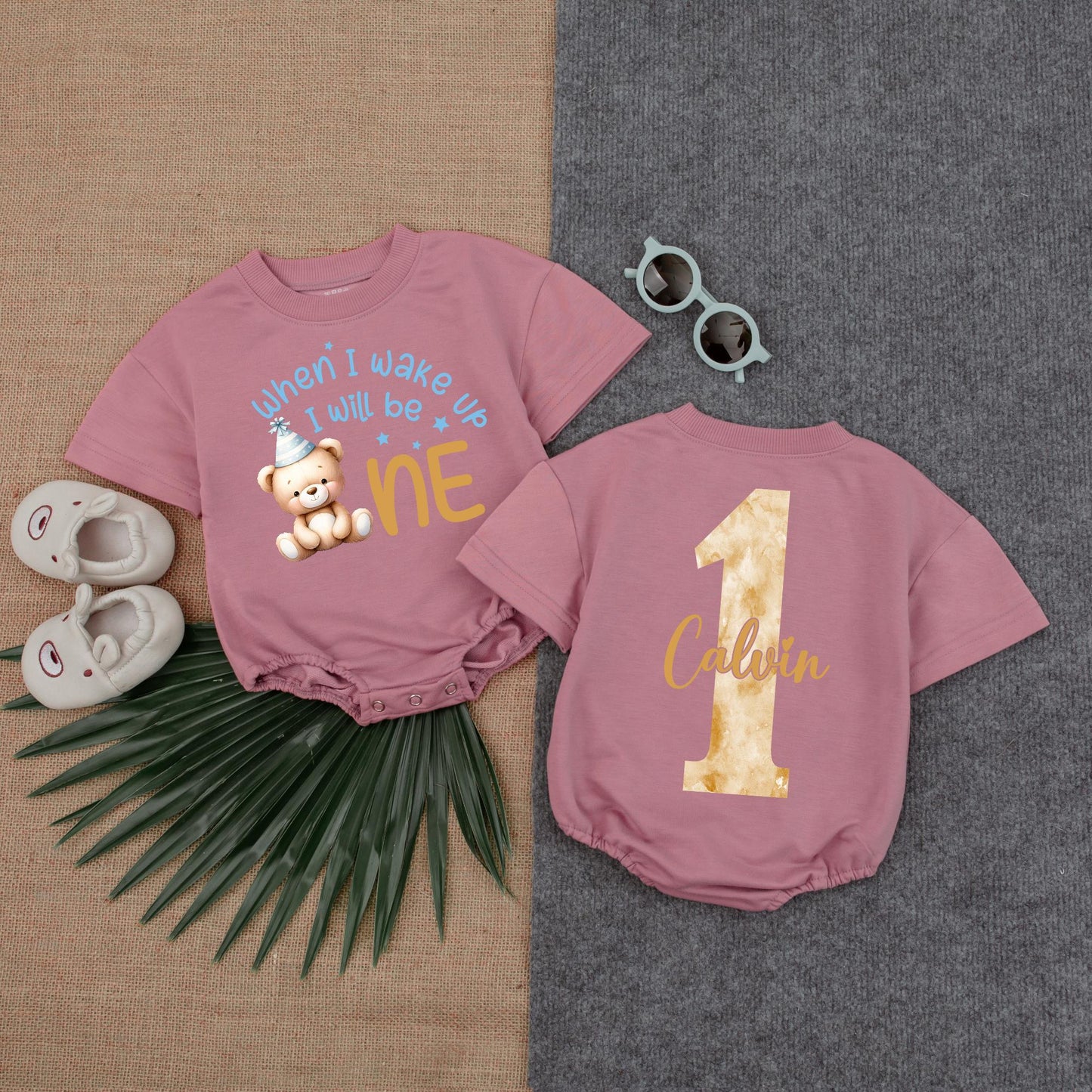Bear-y First Birthday Bubble Romper for Baby Boy, Neutral Balloon Outfit, Onederful Gift, Custom Name, 1st Birthday Clothes