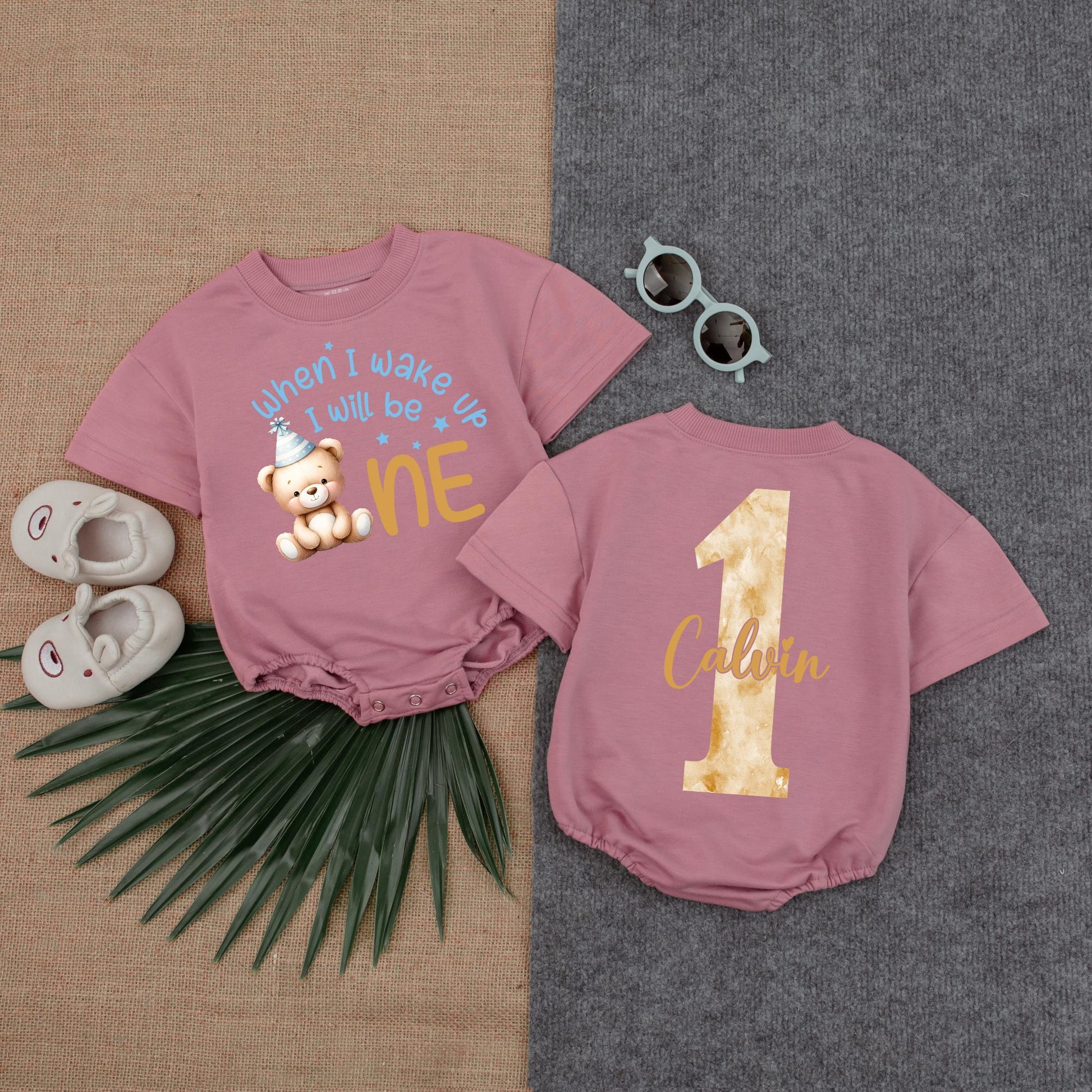 Bear-y First Birthday Bubble Romper for Baby Boy, Neutral Balloon Outfit, Onederful Gift, Custom Name, 1st Birthday Clothes