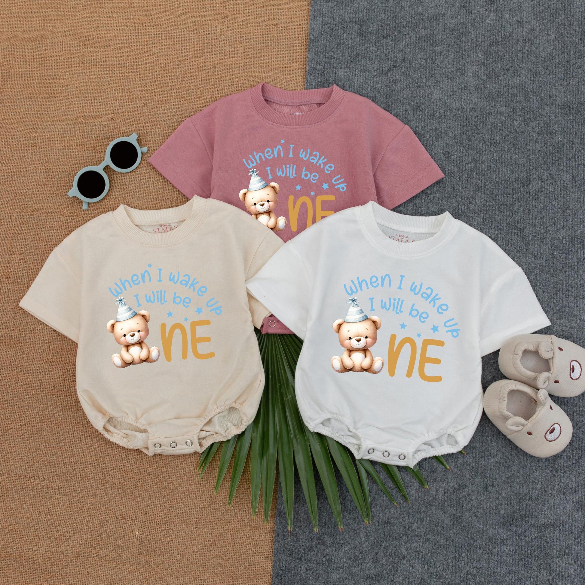 Bear-y First Birthday Bubble Romper for Baby Boy, Neutral Balloon Outfit, Onederful Gift, Custom Name, 1st Birthday Clothes