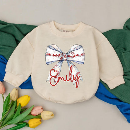 Personalized Retro Baseball Romper for Baby Girls Natural Bubble Outfit Game Day Style Kids Gift