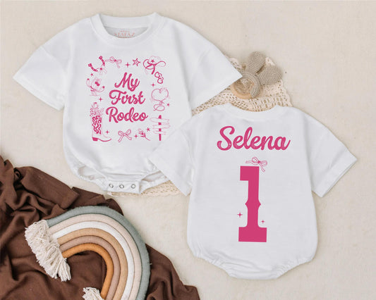 Personalized My First Rodeo Baby Girl Western Birthday Outfit Romper Cowgirl Bodysuit First Birthday Party Country Baby Shower Gift