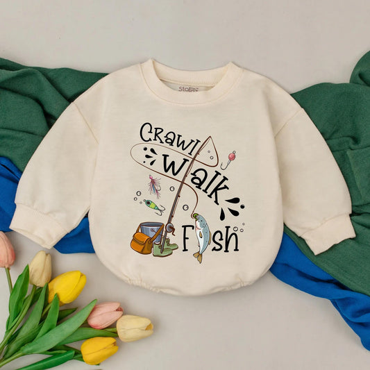 Little Fishing Buddy Romper Set Crawl Walk Fish Outfit Baby Bodysuit Toddler Fishing Gift Father's Day Clothes Beige Infant Fisherman Applique 138