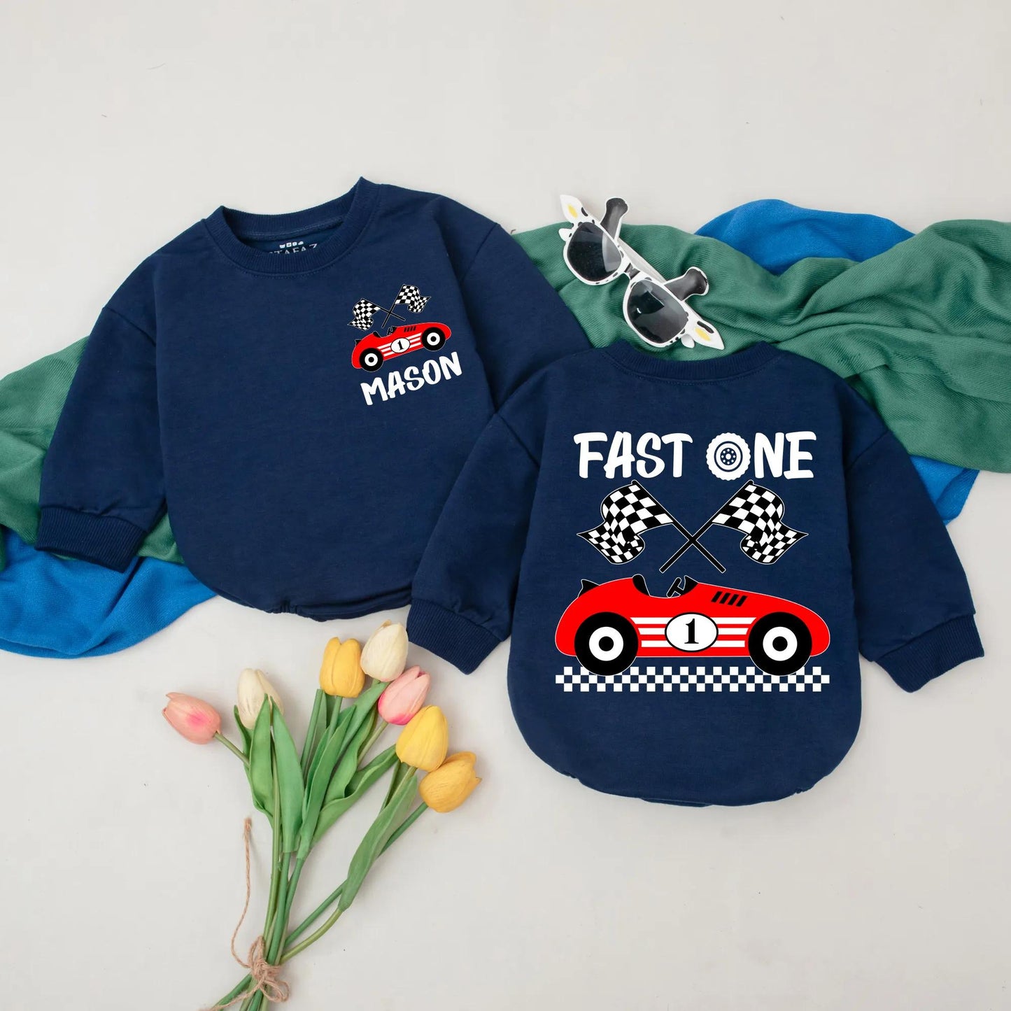 Personalized Fast One Racecar 1st Birthday Boy Romper Outfit, Playful Cartoon Car Checkered Flag Smash Cake One Year Old Soft Baby Gift