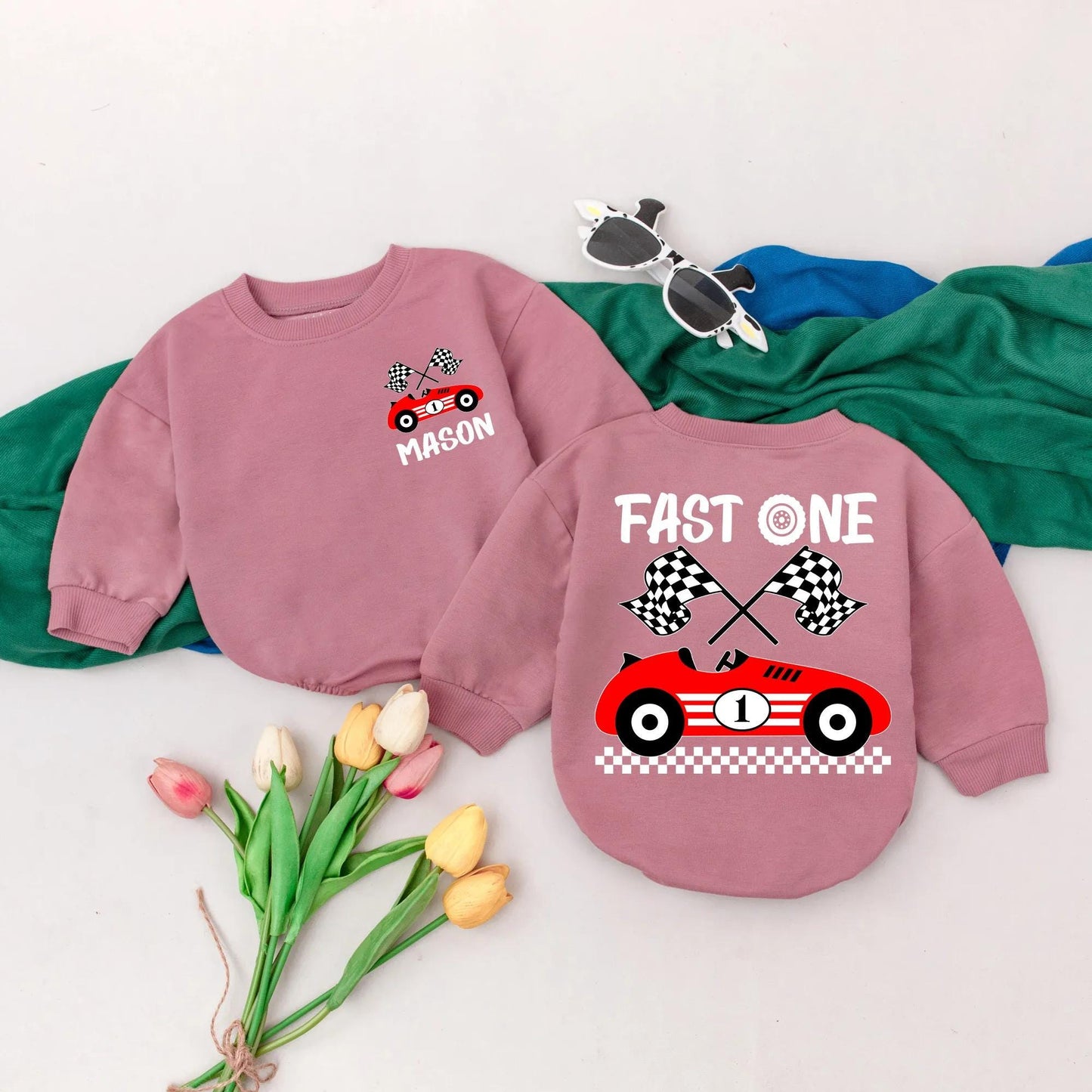Personalized Fast One Racecar 1st Birthday Boy Romper Outfit, Playful Cartoon Car Checkered Flag Smash Cake One Year Old Soft Baby Gift