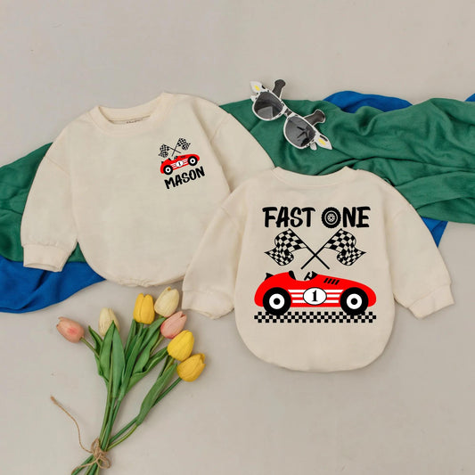 Personalized Fast One Racecar 1st Birthday Boy Romper Outfit, Playful Cartoon Car Checkered Flag Smash Cake One Year Old Soft Baby Gift