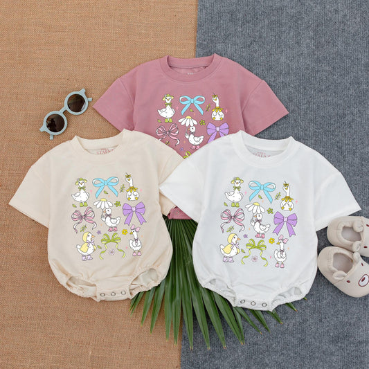 Spring Floral Goose Baby T-shirt Bubble Romper Cute Goose Short Sleeve Outfit for Baby Girls Perfect Coming Home Gift Soft Cotton Comfortable