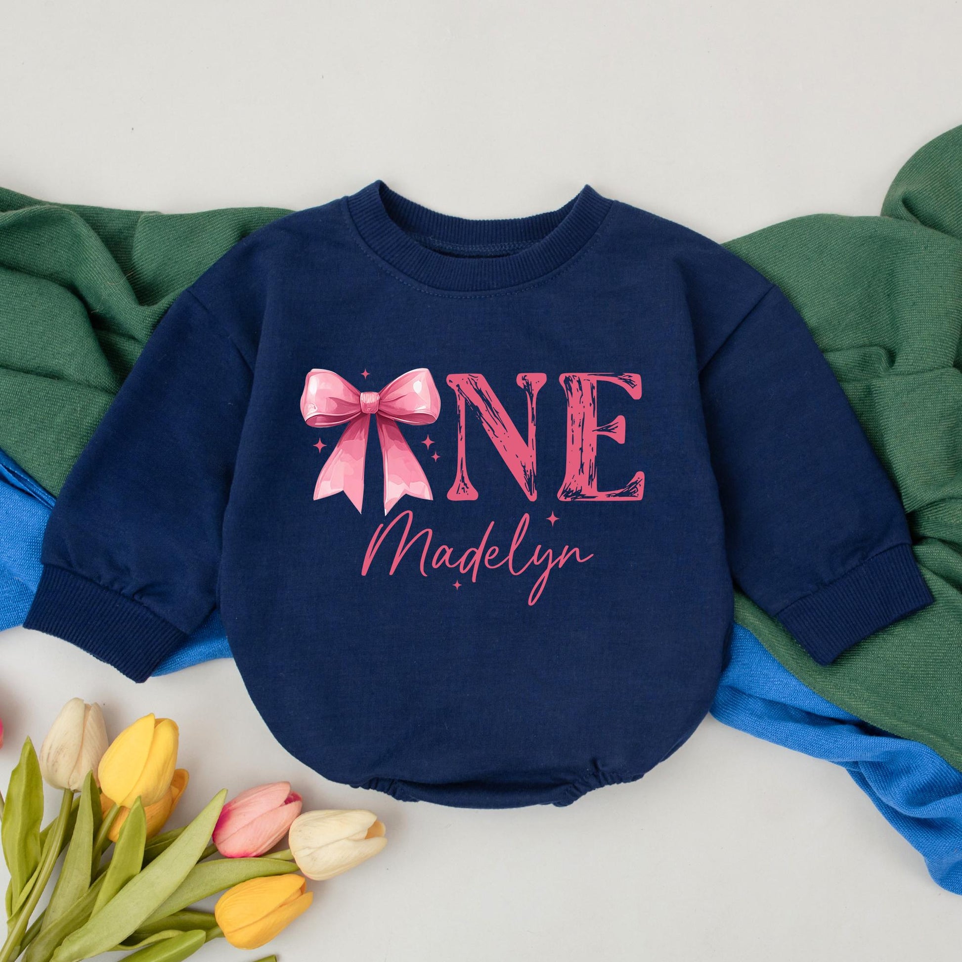 Madelyn's First Birthday Romper, Pink Bow ONE Outfit, Baby Girl 1st Birthday Bodysuit, Custom Name Infant Outfit, Whimsical Celebration Clothes