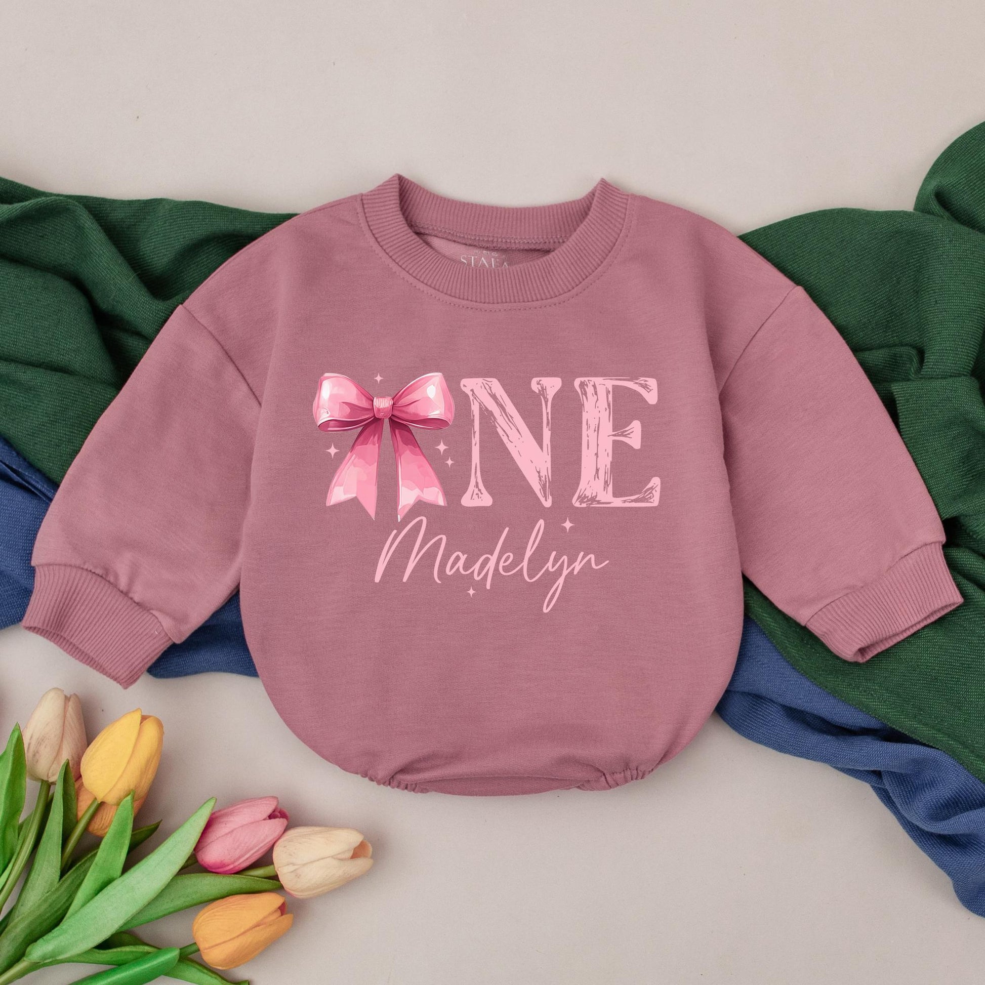 Madelyn's First Birthday Romper, Pink Bow ONE Outfit, Baby Girl 1st Birthday Bodysuit, Custom Name Infant Outfit, Whimsical Celebration Clothes