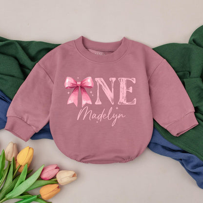 Madelyn's First Birthday Romper, Pink Bow ONE Outfit, Baby Girl 1st Birthday Bodysuit, Custom Name Infant Outfit, Whimsical Celebration Clothes