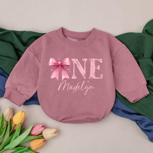 Madelyn's First Birthday Romper, Pink Bow ONE Outfit, Baby Girl 1st Birthday Bodysuit, Custom Name Infant Outfit, Whimsical Celebration Clothes
