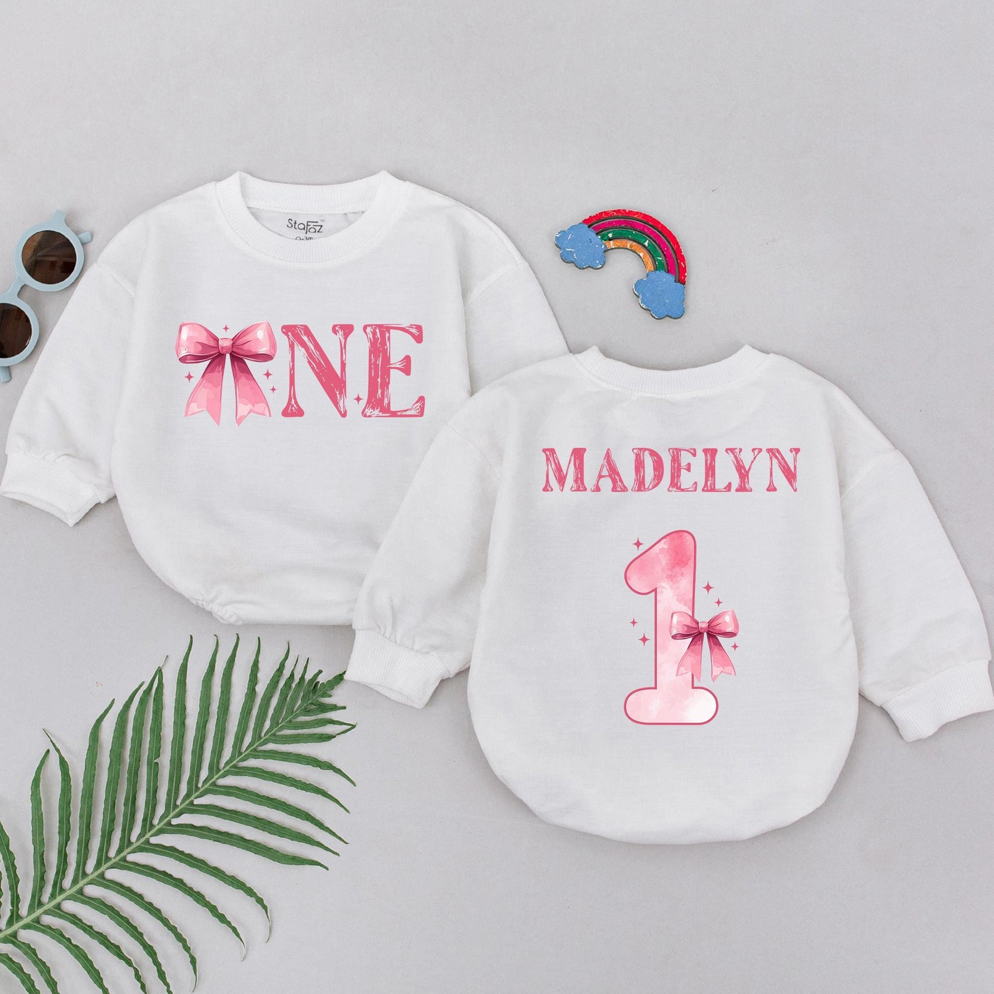 Personalized Pink Bow Birthday Romper for Girls 1st Birthday Outfit Custom Name One Year Old Party Celebration Gift