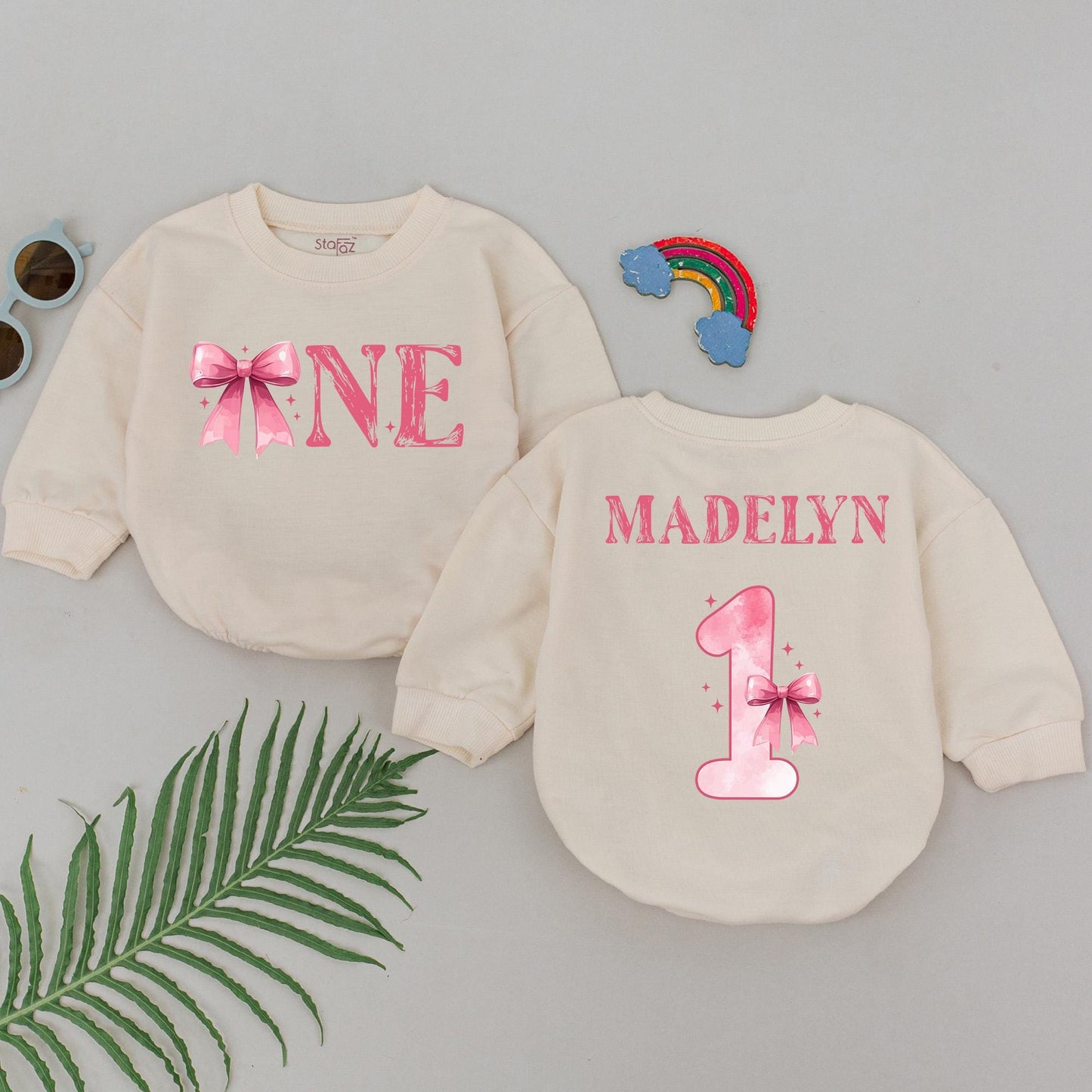 Personalized Pink Bow Birthday Romper for Girls 1st Birthday Outfit Custom Name One Year Old Party Celebration Gift