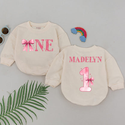Personalized Pink Bow Birthday Romper for Girls 1st Birthday Outfit Custom Name One Year Old Party Celebration Gift