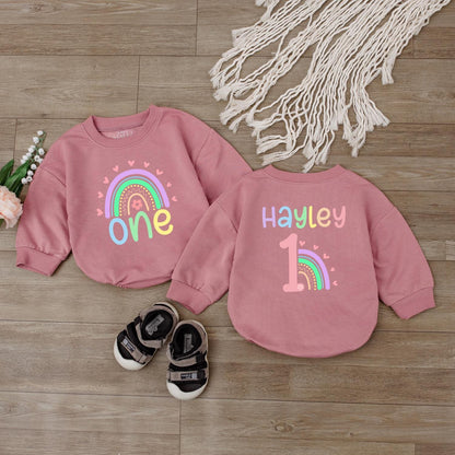 Custom Rainbow Birthday Romper for Baby Toddler Girl, Personalized Name Sweatshirt, Soft & Cozy Outfit Gift Idea