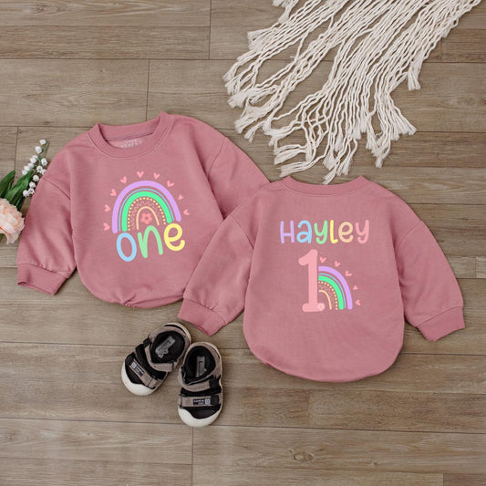 Custom Rainbow Birthday Romper for Baby Toddler Girl, Personalized Name Sweatshirt, Soft & Cozy Outfit Gift Idea