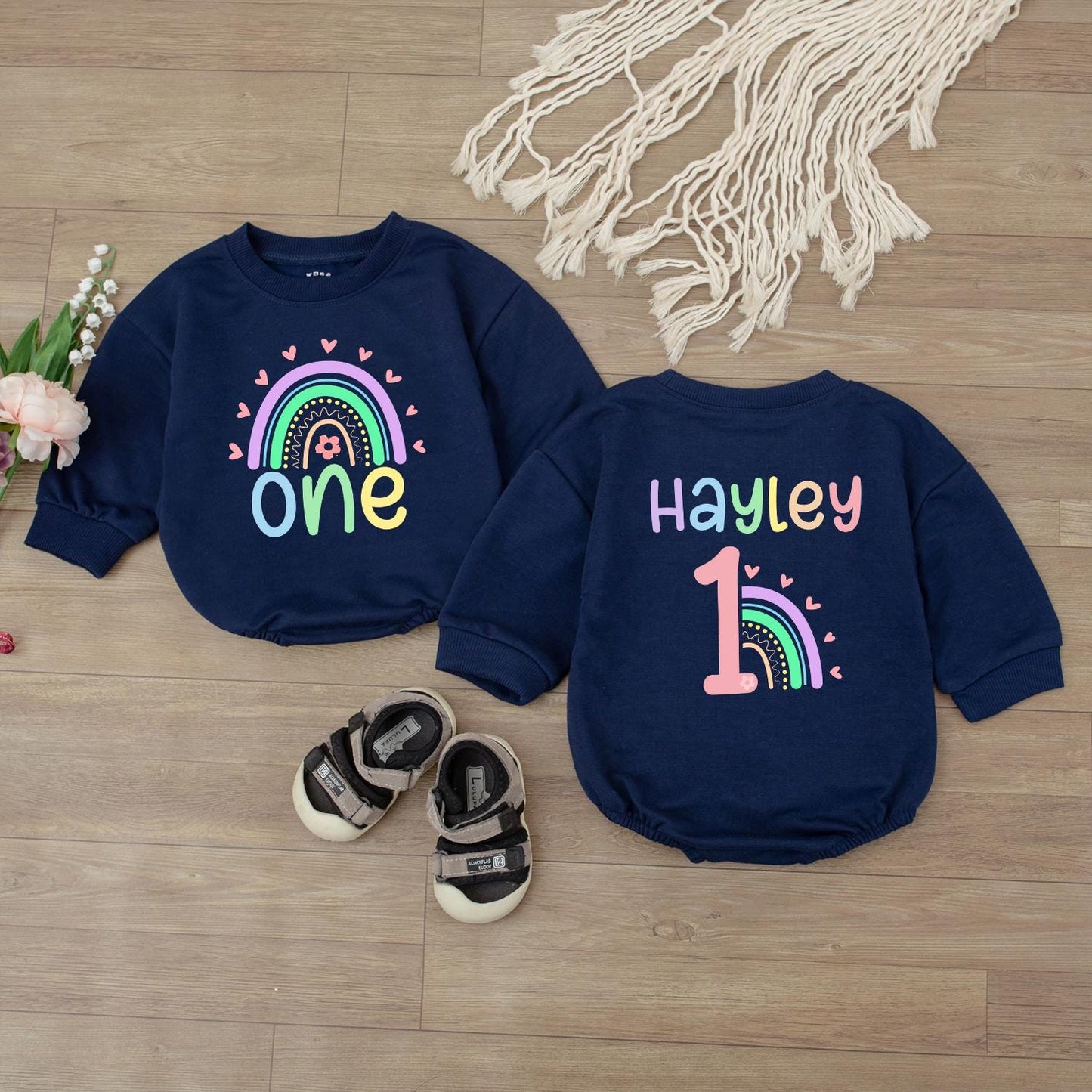Custom Rainbow Birthday Romper for Baby Toddler Girl, Personalized Name Sweatshirt, Soft & Cozy Outfit Gift Idea
