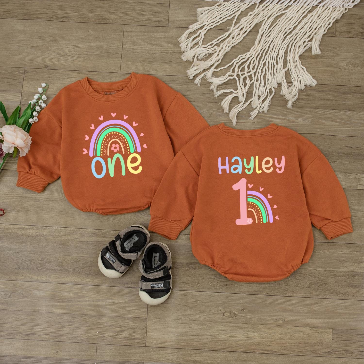 Custom Rainbow Birthday Romper for Baby Toddler Girl, Personalized Name Sweatshirt, Soft & Cozy Outfit Gift Idea