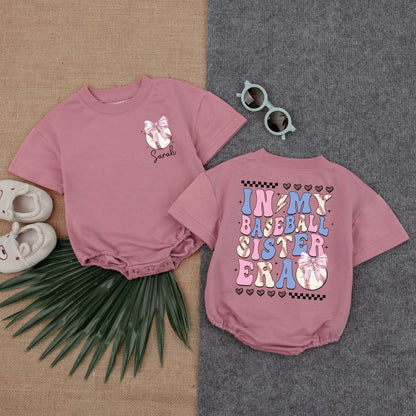 Custom Baseball Sister Era Bubble Romper Baby Girl Outfit Baseball Lover Tee Gift, Custom Name Birthday Baby Shower Present